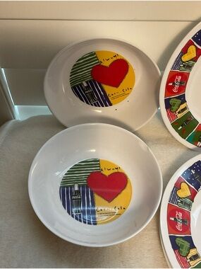 Coca-Cola White Ceramic Bowls with Red Heart and Yellow, Green Accents